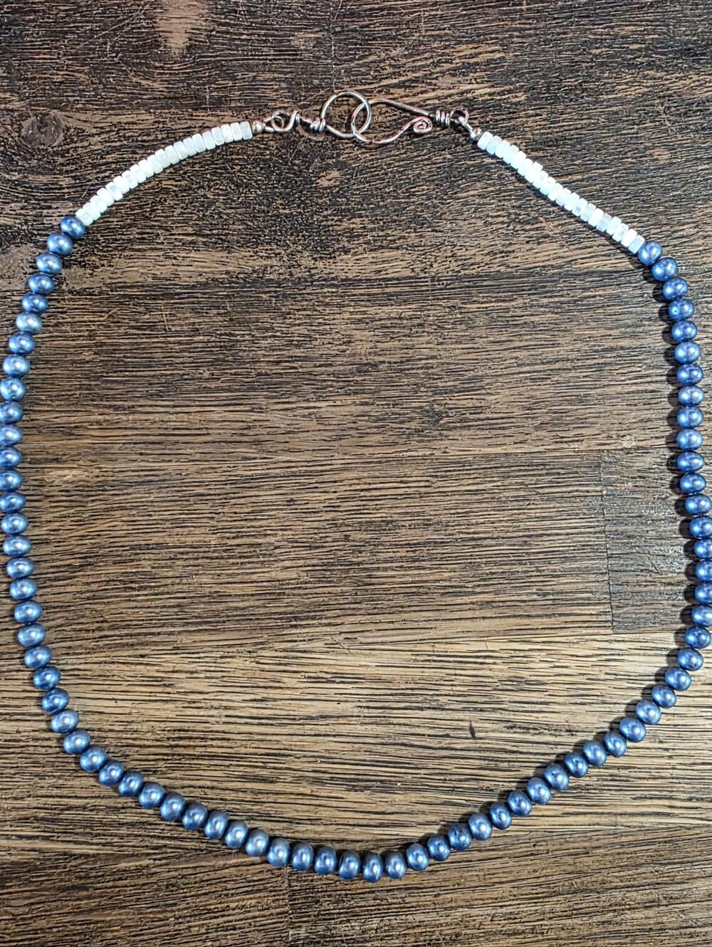 Blue Freshwater & Mother Of Pearl Necklace Sterling Silver Artisanal Clasp New!